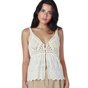 Room 34 Beige Crochet & Eyelet Lace Babydoll Tank Top MED Boho Festival Coquette